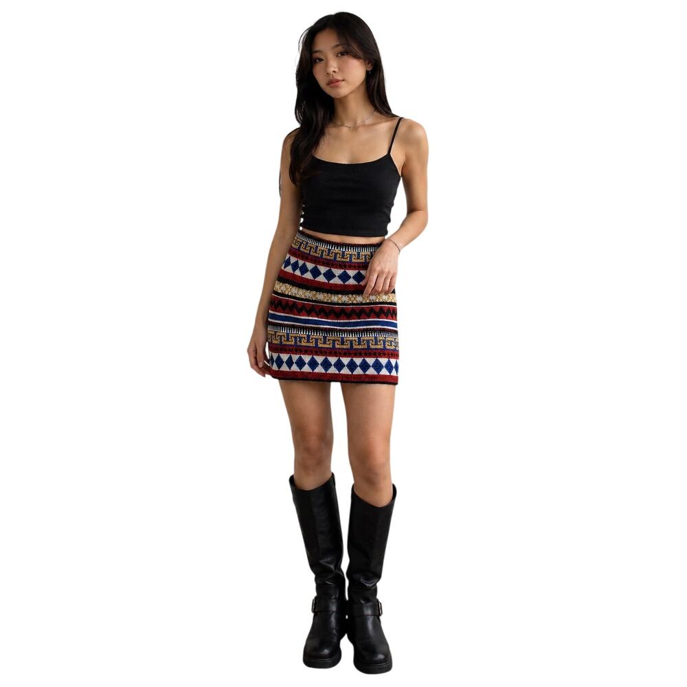 Moussy Tribal Knit Pencil Skirt, Japanese Boho Aztec Tapestry Festival, Size XS